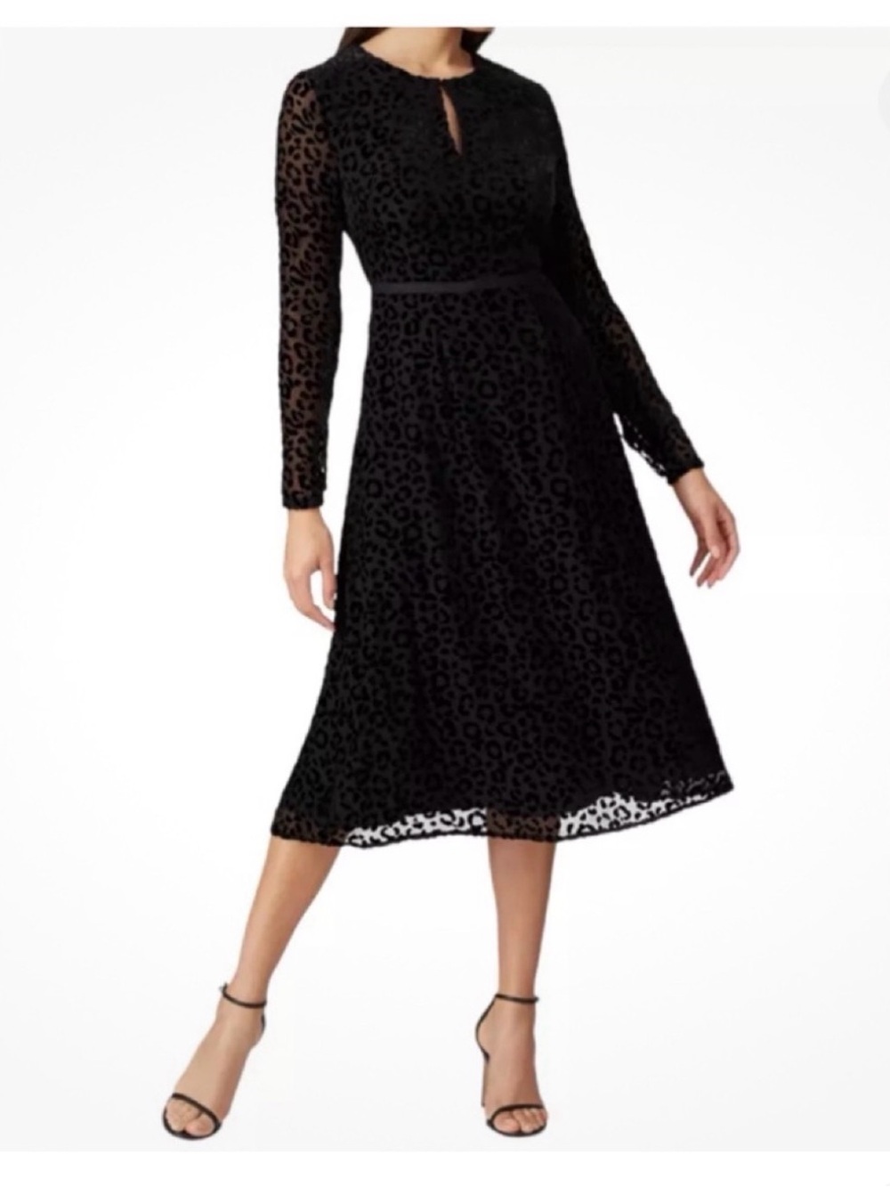 Boden Black Long-Sleeve Leopard-Texture Midi Dress